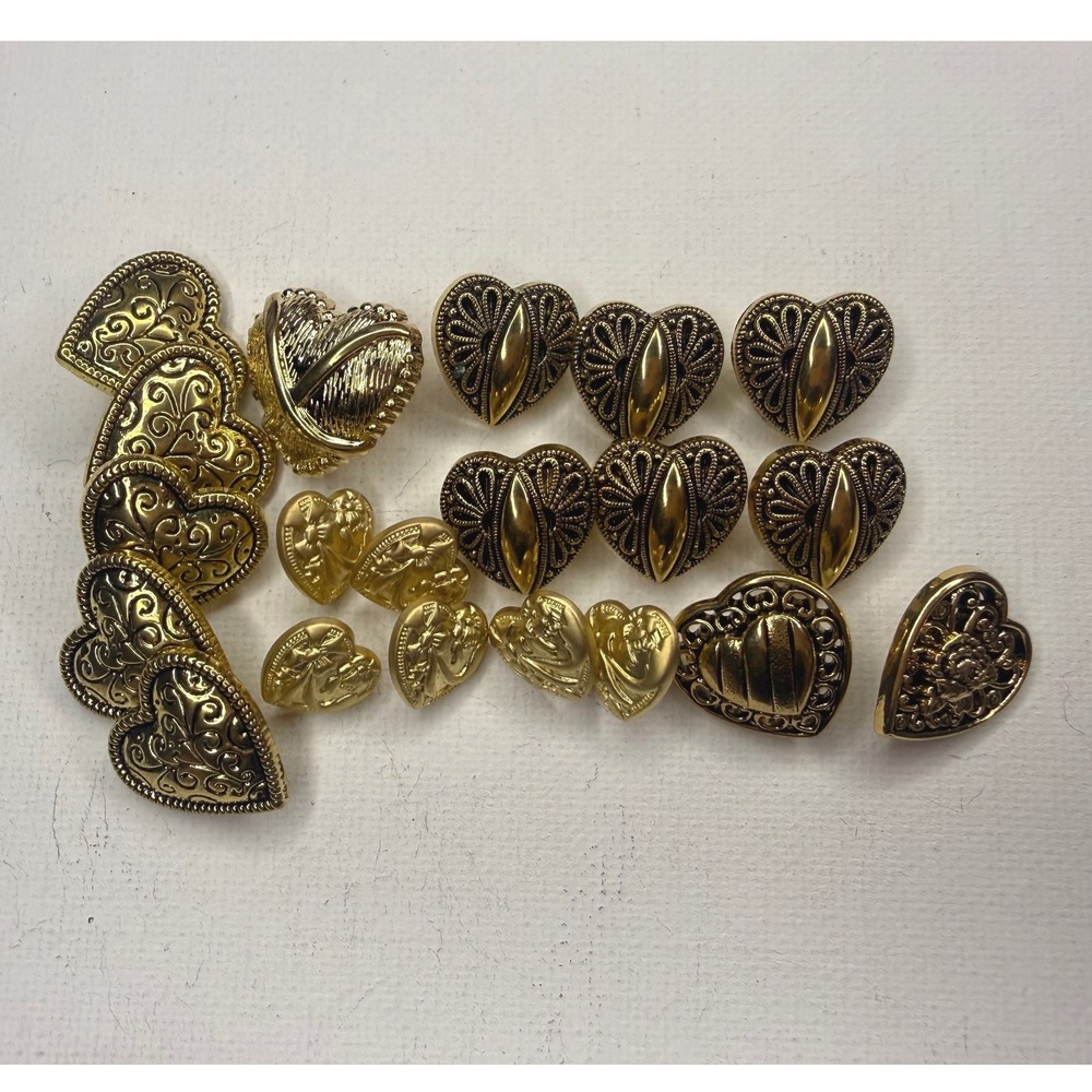 Vintage Gold Tone Heart Shaped Shank Buttons Lot of 20 MCM Art Nouveau
